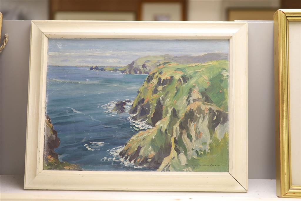John Hobson Nicholson (1911-1988), oil on board, Coastal landscape, signed, 27 x 37cm